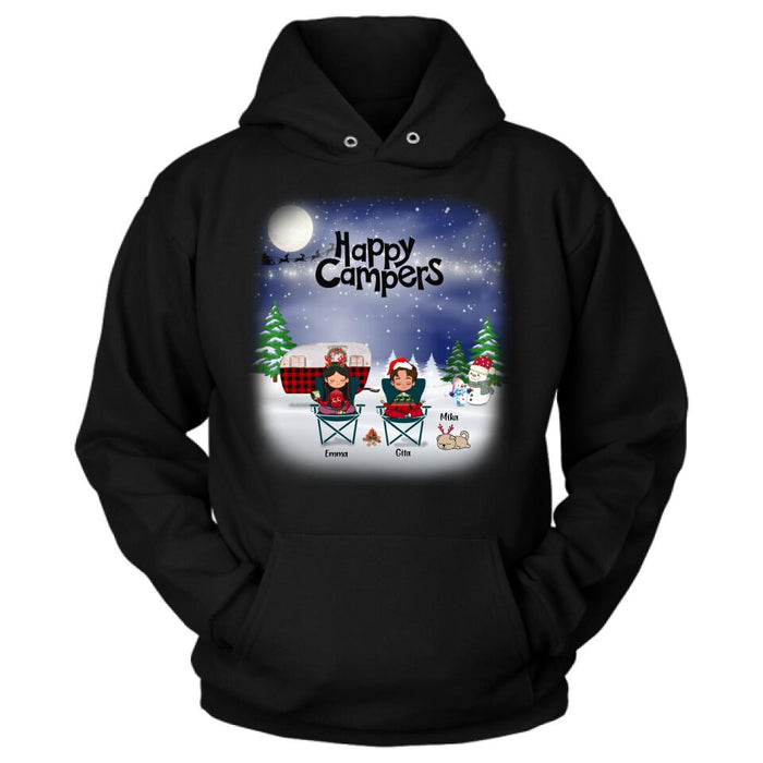 Custom Personalized Couple Camping Xmas T-Shirt/ Sweatshirt/ Hoodie - Couple With Upto 4 Pets - Christmas Gift For Cat/ Dog Lover