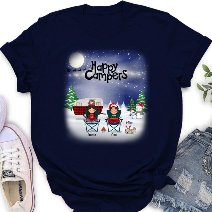 Custom Personalized Couple Camping Xmas T-Shirt/ Sweatshirt/ Hoodie - Couple With Upto 4 Pets - Christmas Gift For Cat/ Dog Lover