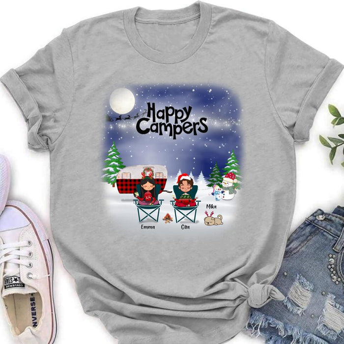 Custom Personalized Couple Camping Xmas T-Shirt/ Sweatshirt/ Hoodie - Couple With Upto 4 Pets - Christmas Gift For Cat/ Dog Lover