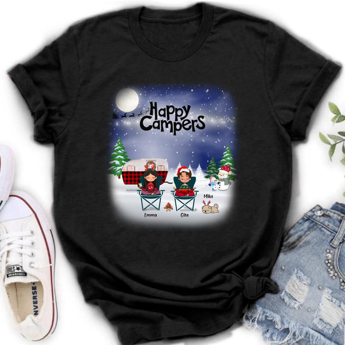 Custom Personalized Couple Camping Xmas T-Shirt/ Sweatshirt/ Hoodie - Couple With Upto 4 Pets - Christmas Gift For Cat/ Dog Lover