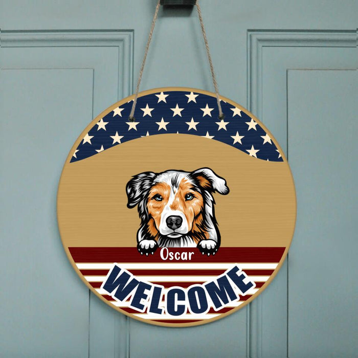 Custom Personalized American Dog July 4th Circle Wooden Sign - Gift For Independence Day/ Dog Lover