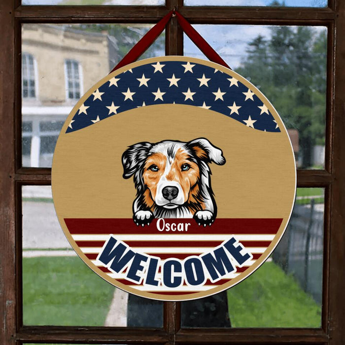 Custom Personalized American Dog July 4th Circle Wooden Sign - Gift For Independence Day/ Dog Lover