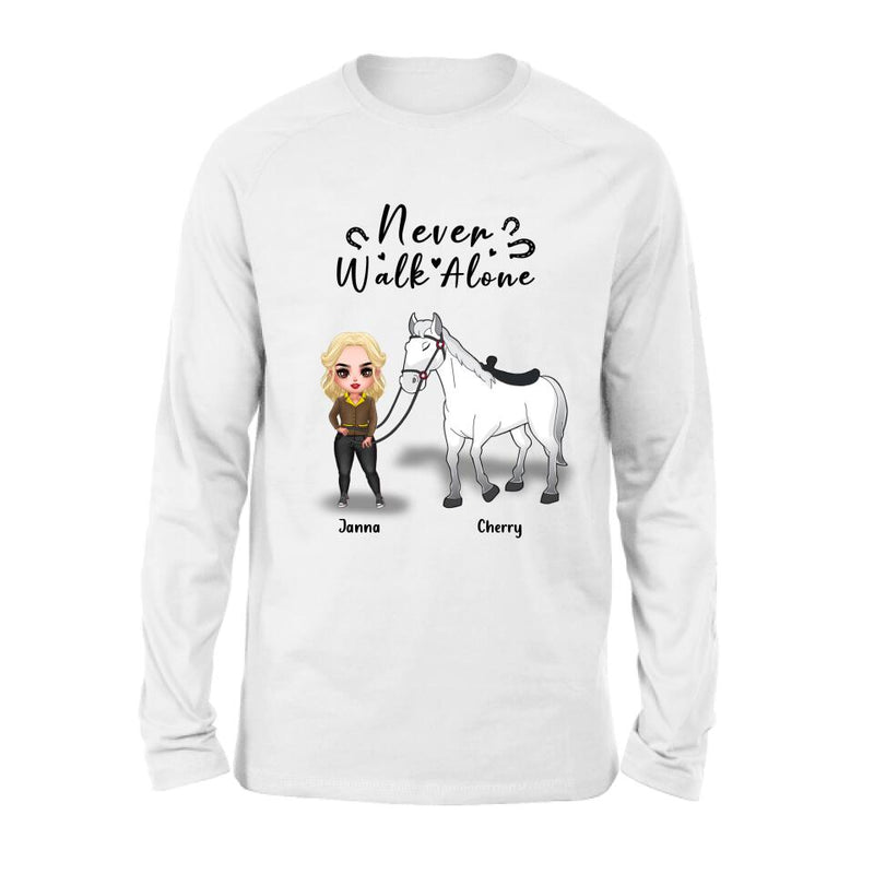 Personalized Horse Girl Chibi Hoodie/Sweatshirt/T-shirt/Long Sleeve - Gift For Horse Lovers with up to 2 Horses - Never Walk Alone