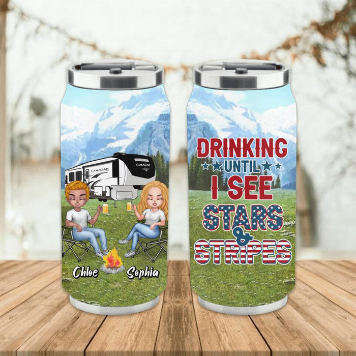 Custom Personalized Camping Friends Soda Can Tumbler - Upto 7 People - Gift Idea For Camping Lover/Friends - Drinking Until I See Stars And Stripes