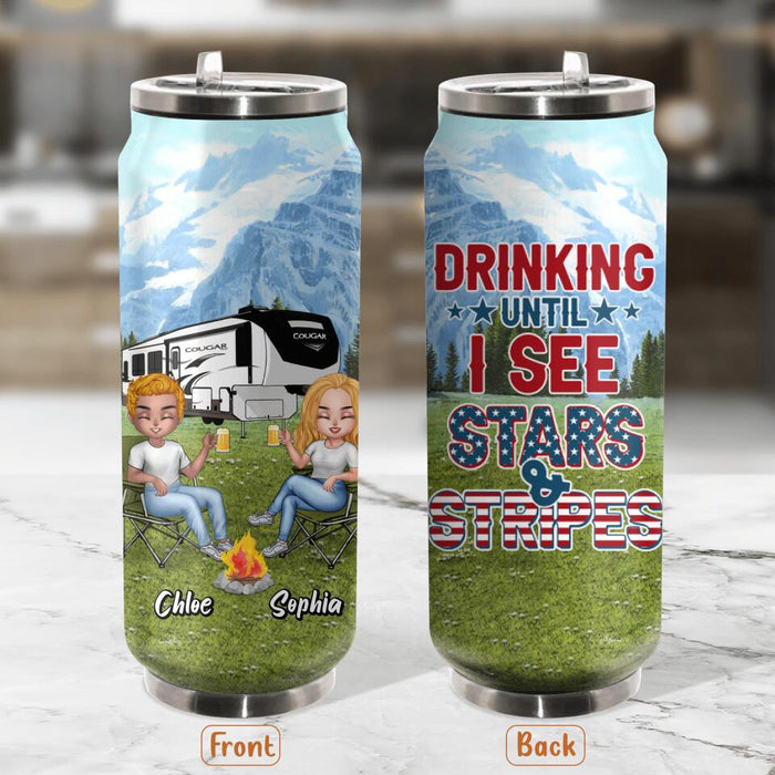 Custom Personalized Camping Friends Soda Can Tumbler - Upto 7 People - Gift Idea For Camping Lover/Friends - Drinking Until I See Stars And Stripes