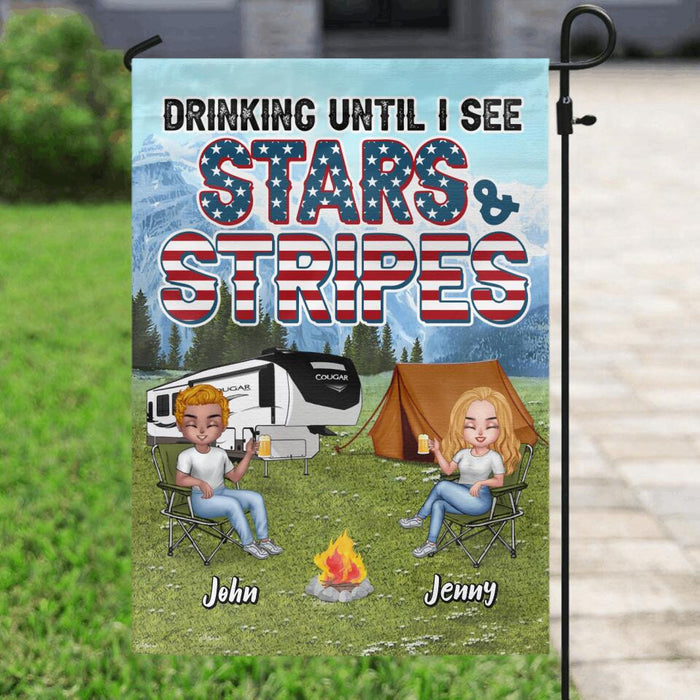 Custom Personalized Camping Friends Flag - Upto 7 People - Gift Idea For Camping Lover/Friends - Drinking Until I See Stars And Stripes