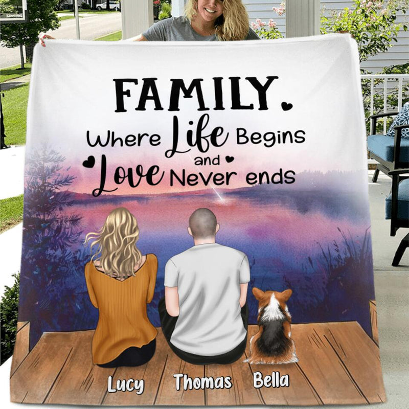 Personalized Pet Family Quilt/Fleece Blanket - Up to 4 Dogs/Cats - Gift Idea For Dog/Cat Lover/Father's Day/Mother's Day - Family Where Life Begins And Love Never Ends