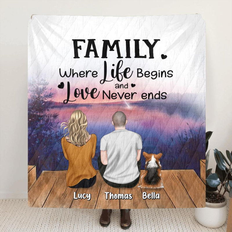 Personalized Pet Family Quilt/Fleece Blanket - Up to 4 Dogs/Cats - Gift Idea For Dog/Cat Lover/Father's Day/Mother's Day - Family Where Life Begins And Love Never Ends