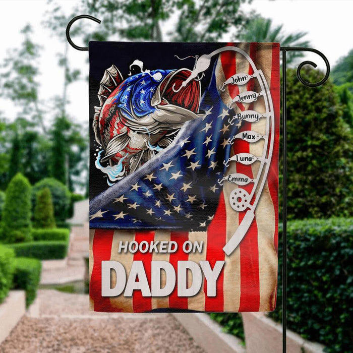 Custom Personalized Hooked On Flag - Upto 6 Names - Gift Idea For Independence Day/Father's Day - Hooked On Daddy