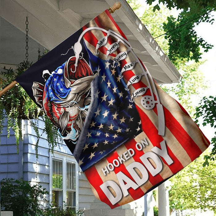 Custom Personalized Hooked On Flag - Upto 6 Names - Gift Idea For Independence Day/Father's Day - Hooked On Daddy