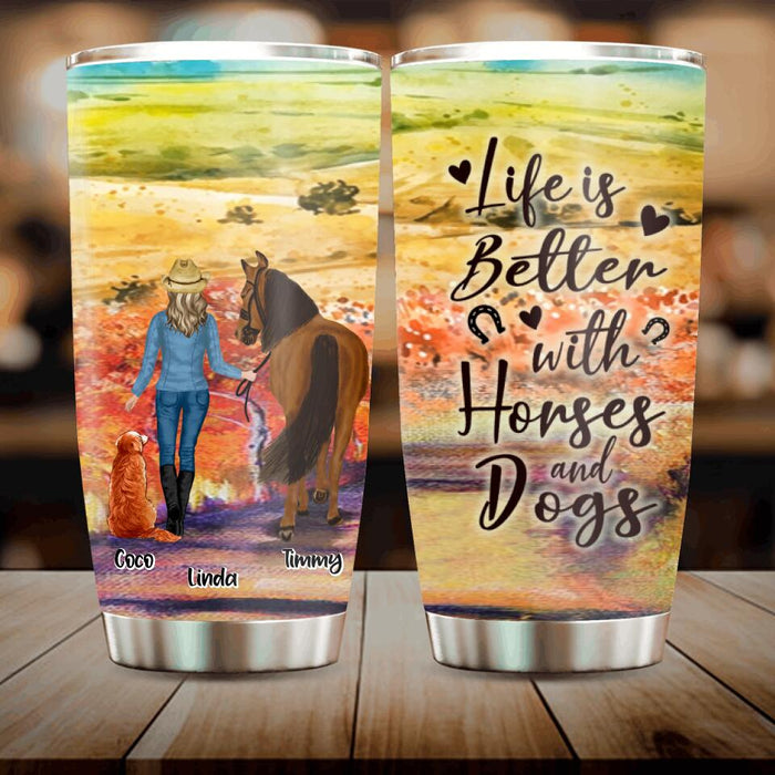 Custom Personalized Horse And Dog Tumbler - Man/ Woman/ Girl/ Boy With Upto 2 Horses And 4 Dogs - Gift For Horse/ Dog Lover