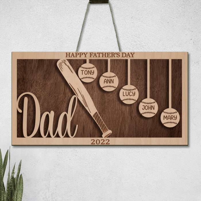 Custom Personalized Baseball Rectangle Wooden Sign - Gift Idea From Kid To Father with up to 5 Kids - Father's Day 2023 Gift