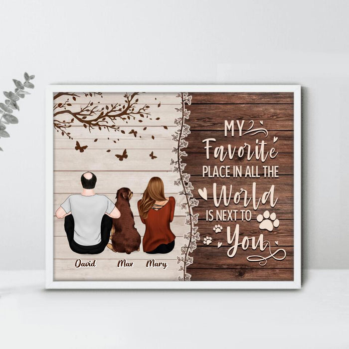 Custom Personalized Couple Sitting With Dogs Back View Poster - Upto 4 Dogs - Gift Idea For Couple/ Dog Lovers - My Favorite Place In All The World Is Next To You