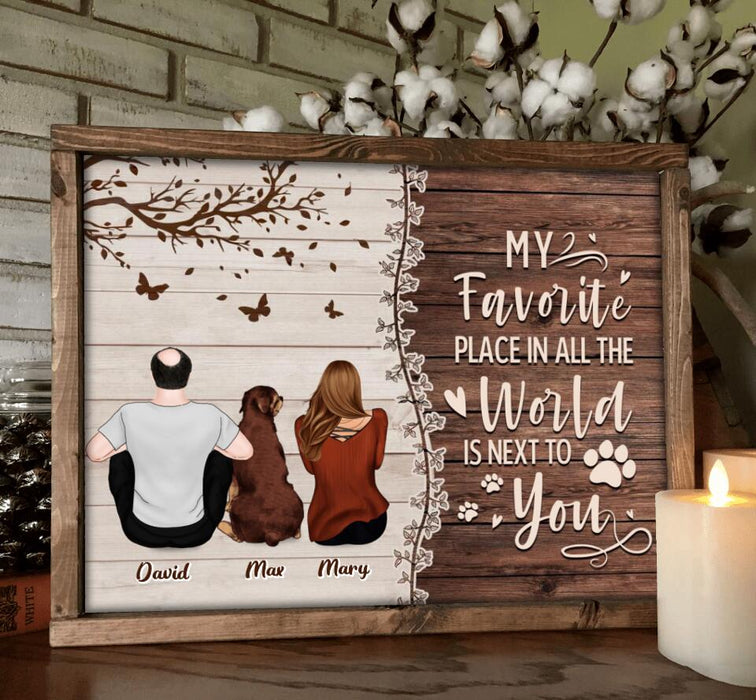 Custom Personalized Couple Sitting With Dogs Back View Poster - Upto 4 Dogs - Gift Idea For Couple/ Dog Lovers - My Favorite Place In All The World Is Next To You