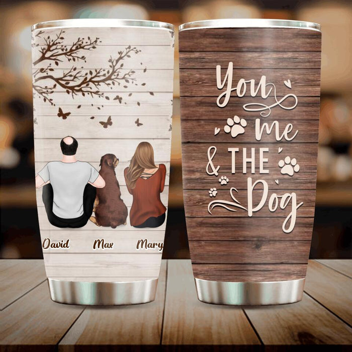 Custom Personalized Couple Sitting With Dogs Back View Tumbler - Upto 4 Dogs - Gift Idea For Couple/ Dog Lovers - You, Me & The Dog