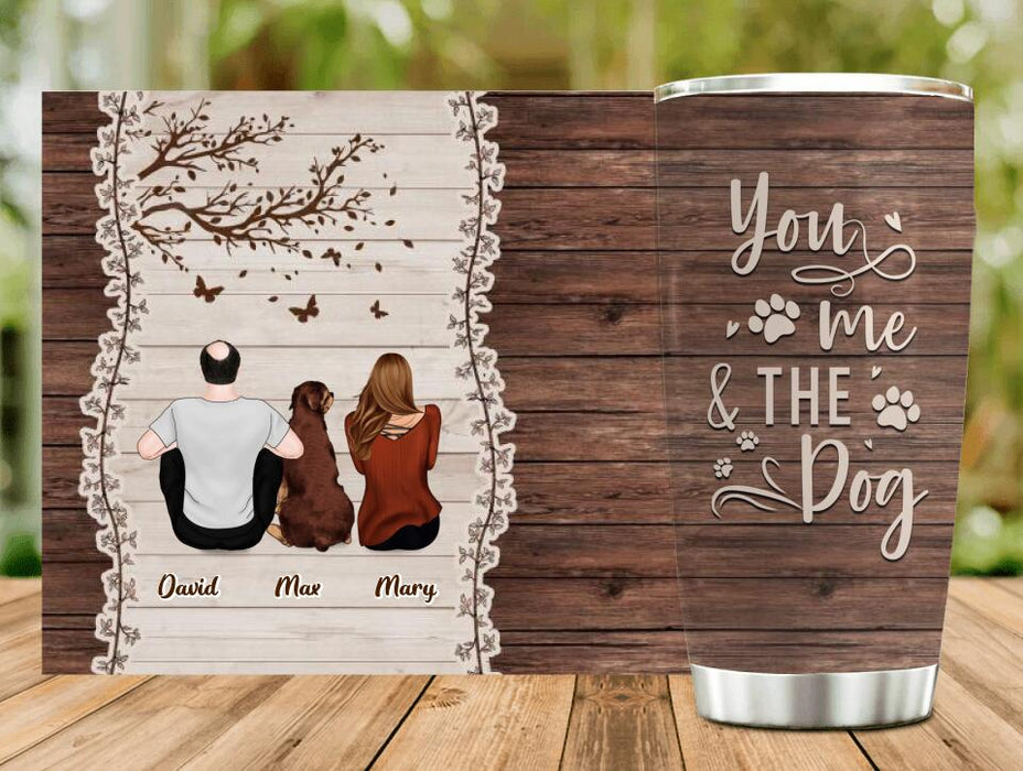 Custom Personalized Couple Sitting With Dogs Back View Tumbler - Upto 4 Dogs - Gift Idea For Couple/ Dog Lovers - You, Me & The Dog