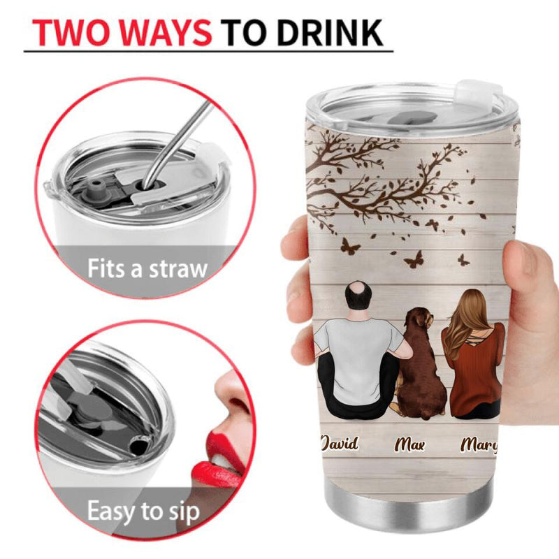 Personalized Couple Sitting With Dogs Back View Tumbler - Up to 4 Dogs - Gift Idea For Couple/Dog Lovers - You, Me & The Dog