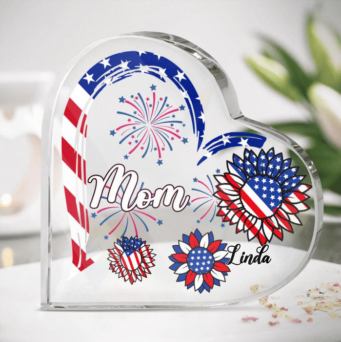 Custom Personalized Grandma Crystal Heart - Gift Idea For Grandma - Up To 10 Kids - Firework With Sunflower US Flag Funny Kid