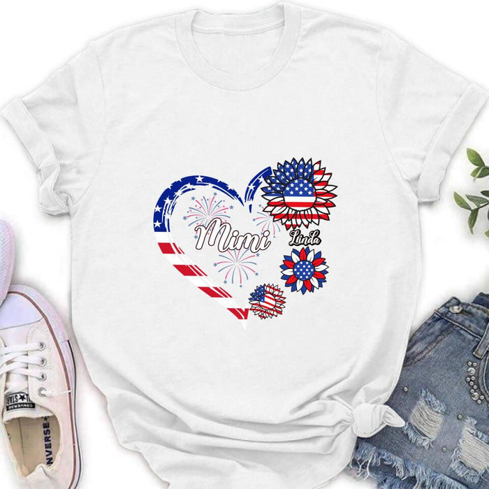 Custom Personalized Grandma T-shirt/Hoodie - Gift Idea For Grandma - Up To 10 Kids - Firework With Sunflower US Flag Funny Kids