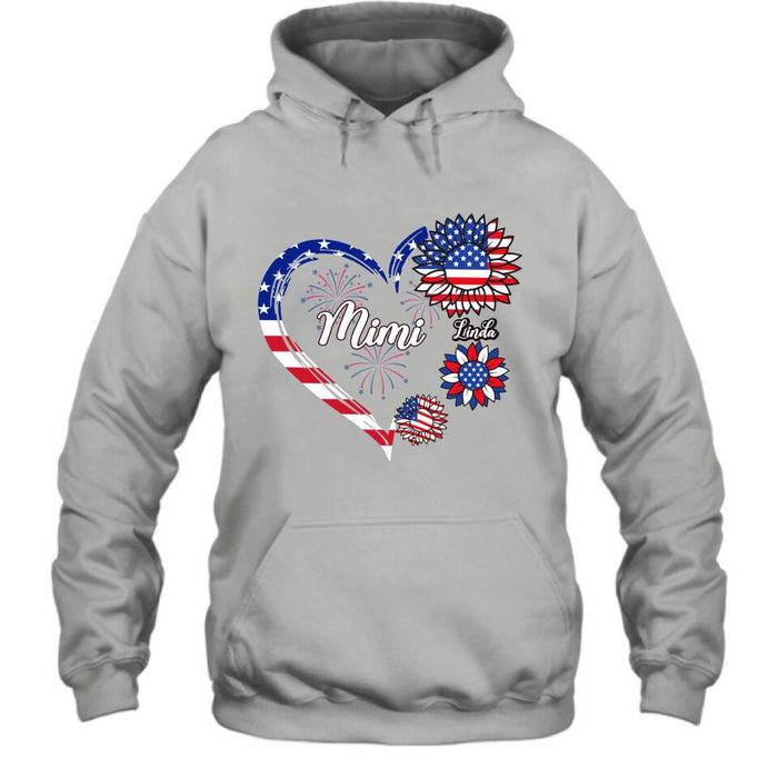 Custom Personalized Grandma T-shirt/Hoodie - Gift Idea For Grandma - Up To 10 Kids - Firework With Sunflower US Flag Funny Kids