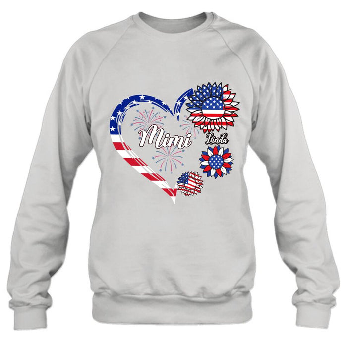 Custom Personalized Grandma T-shirt/Hoodie - Gift Idea For Grandma - Up To 10 Kids - Firework With Sunflower US Flag Funny Kids