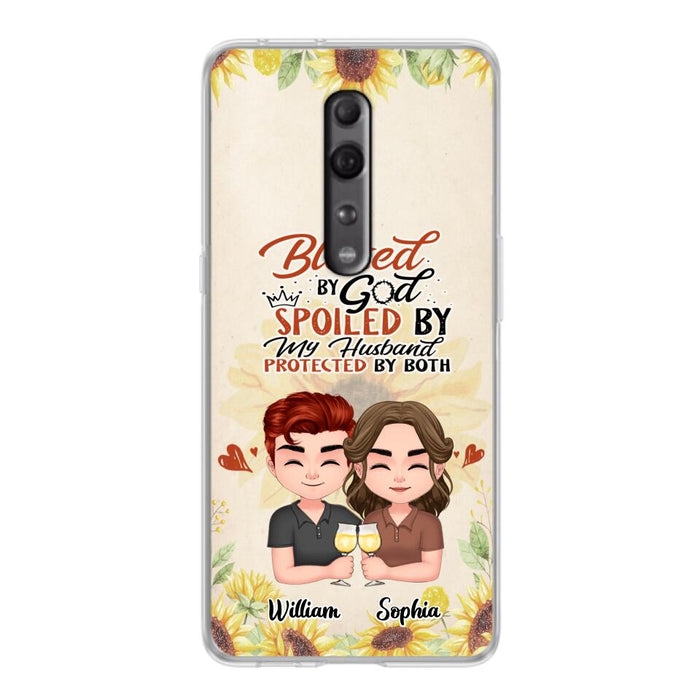 Custom Personalized Chibi Couple Phone Case - Gift Idea For Couple - Blessed By God, Spoiled By My Husband, Protected By Both - Cases For Oppo, Xiaomi & Huawei