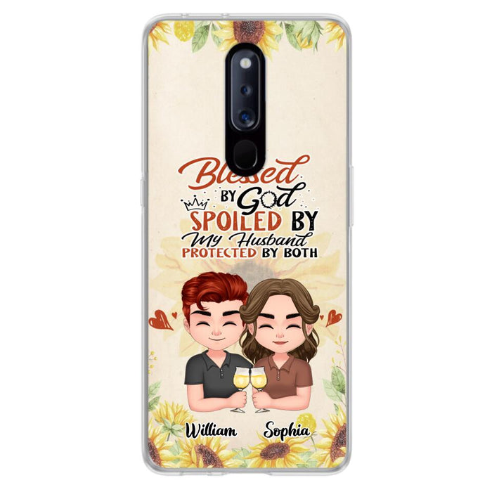 Custom Personalized Chibi Couple Phone Case - Gift Idea For Couple - Blessed By God, Spoiled By My Husband, Protected By Both - Cases For Oppo, Xiaomi & Huawei