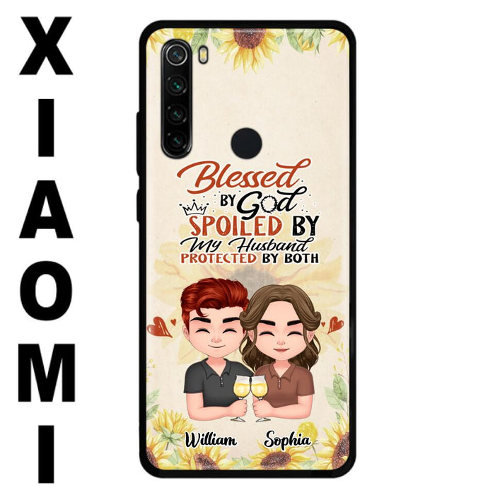 Custom Personalized Chibi Couple Phone Case - Gift Idea For Couple - Blessed By God, Spoiled By My Husband, Protected By Both - Cases For Oppo, Xiaomi & Huawei