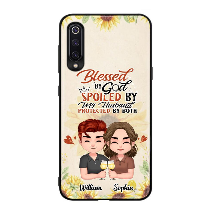 Custom Personalized Chibi Couple Phone Case - Gift Idea For Couple - Blessed By God, Spoiled By My Husband, Protected By Both - Cases For Oppo, Xiaomi & Huawei