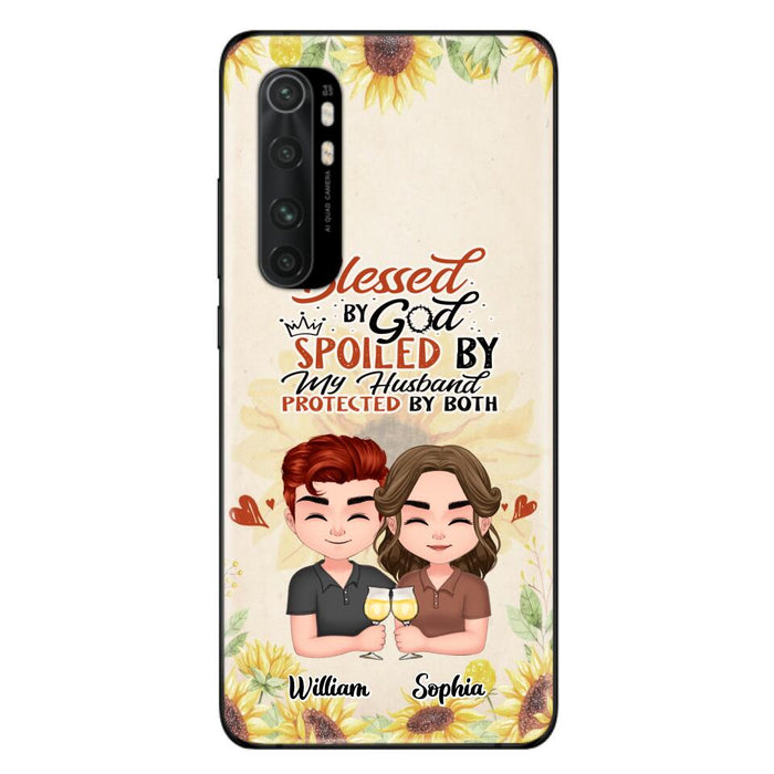 Custom Personalized Chibi Couple Phone Case - Gift Idea For Couple - Blessed By God, Spoiled By My Husband, Protected By Both - Cases For Oppo, Xiaomi & Huawei