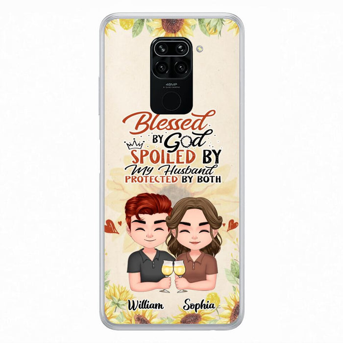 Custom Personalized Chibi Couple Phone Case - Gift Idea For Couple - Blessed By God, Spoiled By My Husband, Protected By Both - Cases For Oppo, Xiaomi & Huawei