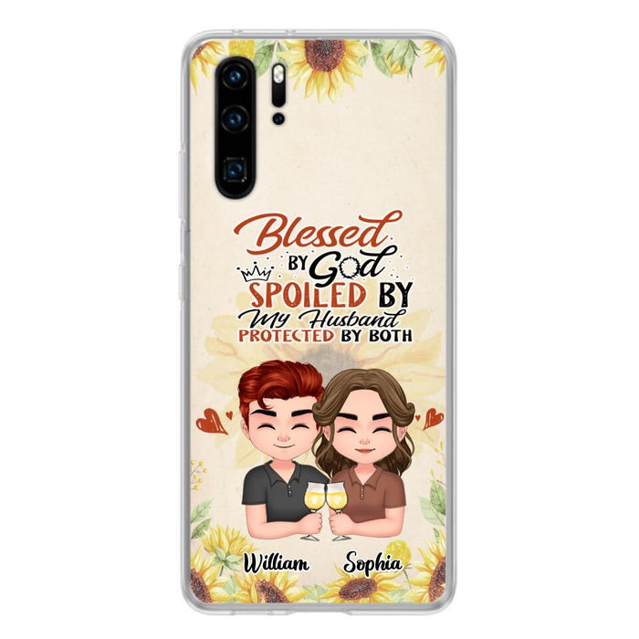 Custom Personalized Chibi Couple Phone Case - Gift Idea For Couple - Blessed By God, Spoiled By My Husband, Protected By Both - Cases For Oppo, Xiaomi & Huawei