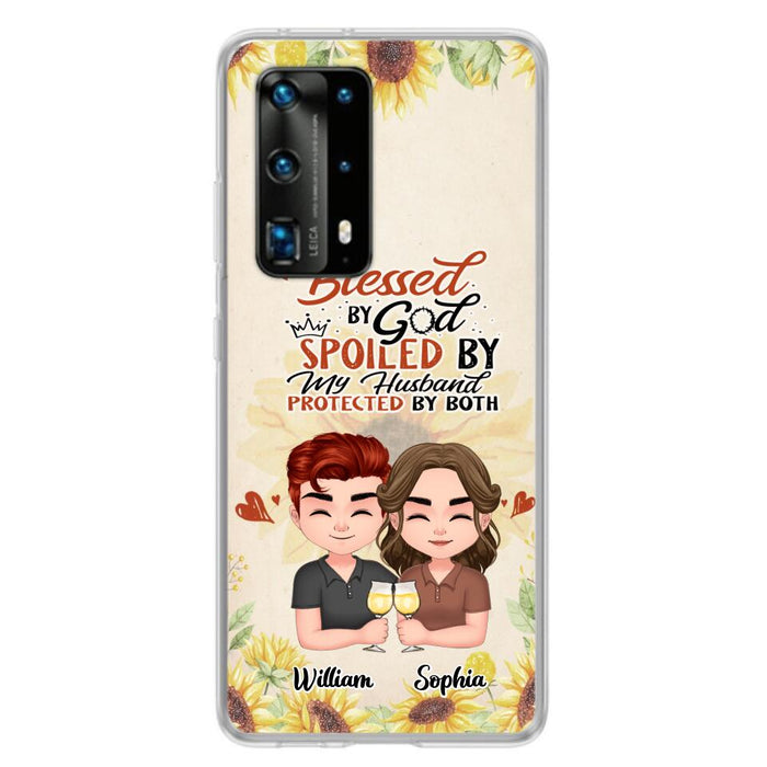 Custom Personalized Chibi Couple Phone Case - Gift Idea For Couple - Blessed By God, Spoiled By My Husband, Protected By Both - Cases For Oppo, Xiaomi & Huawei