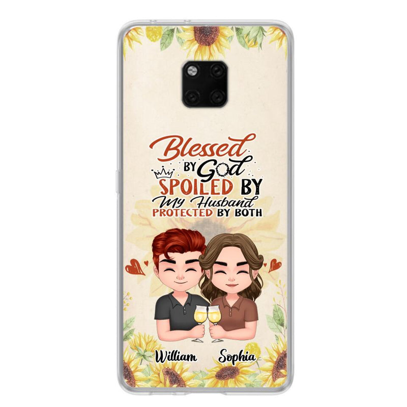 Custom Personalized Chibi Couple Phone Case - Gift Idea For Couple - Blessed By God, Spoiled By My Husband, Protected By Both - Cases For Oppo, Xiaomi & Huawei