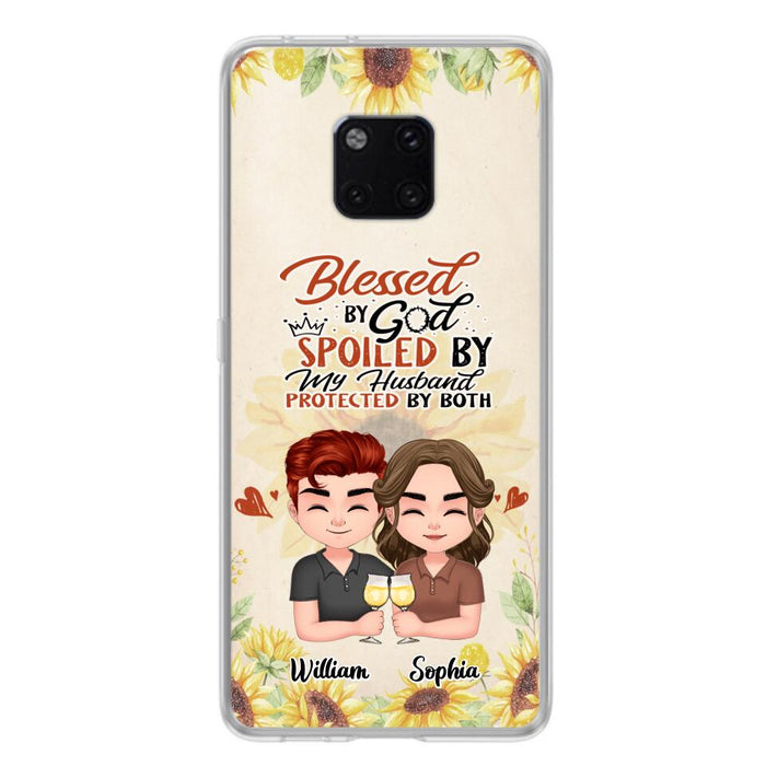 Custom Personalized Chibi Couple Phone Case - Gift Idea For Couple - Blessed By God, Spoiled By My Husband, Protected By Both - Cases For Oppo, Xiaomi & Huawei