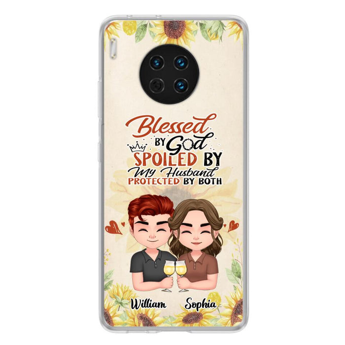 Custom Personalized Chibi Couple Phone Case - Gift Idea For Couple - Blessed By God, Spoiled By My Husband, Protected By Both - Cases For Oppo, Xiaomi & Huawei