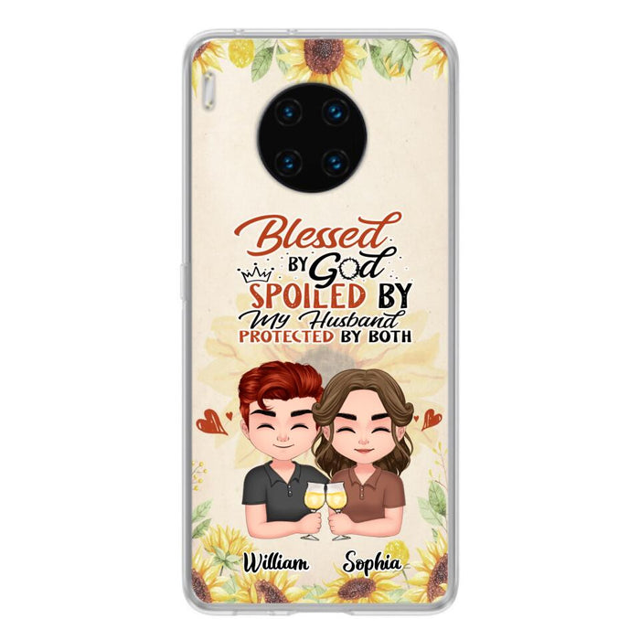 Custom Personalized Chibi Couple Phone Case - Gift Idea For Couple - Blessed By God, Spoiled By My Husband, Protected By Both - Cases For Oppo, Xiaomi & Huawei