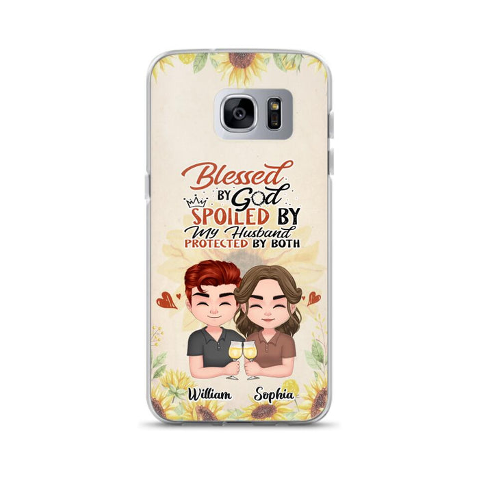 Custom Personalized Chibi Couple Phone Case - Gift Idea For Couple - Blessed By God, Spoiled By My Husband, Protected By Both - Case For iPhone & Samsung