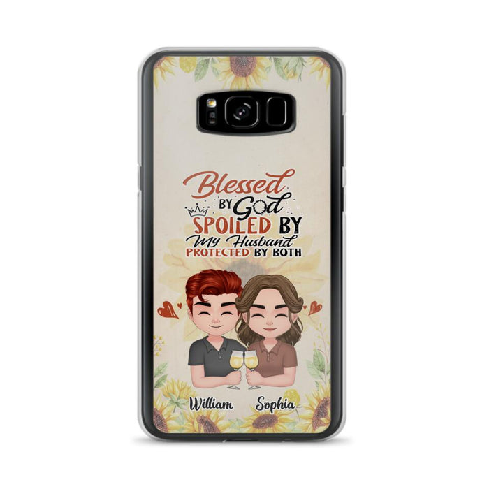 Custom Personalized Chibi Couple Phone Case - Gift Idea For Couple - Blessed By God, Spoiled By My Husband, Protected By Both - Case For iPhone & Samsung