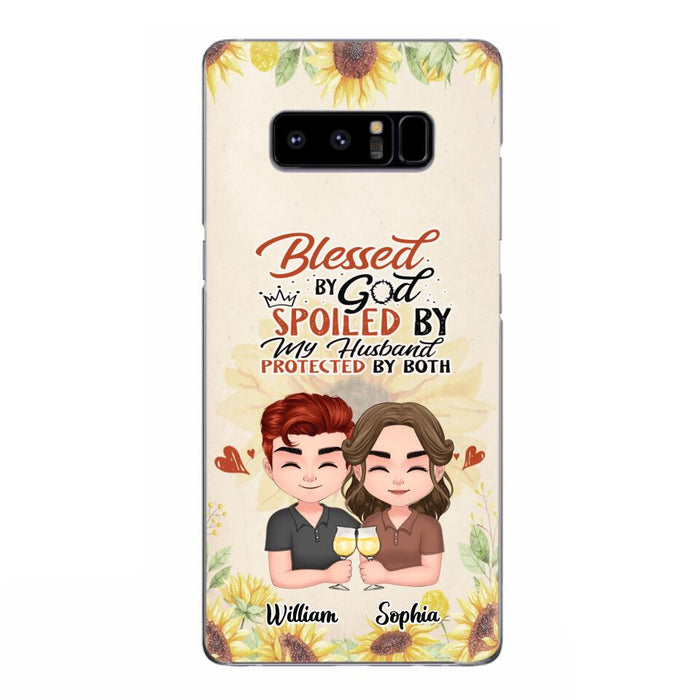 Custom Personalized Chibi Couple Phone Case - Gift Idea For Couple - Blessed By God, Spoiled By My Husband, Protected By Both - Case For iPhone & Samsung