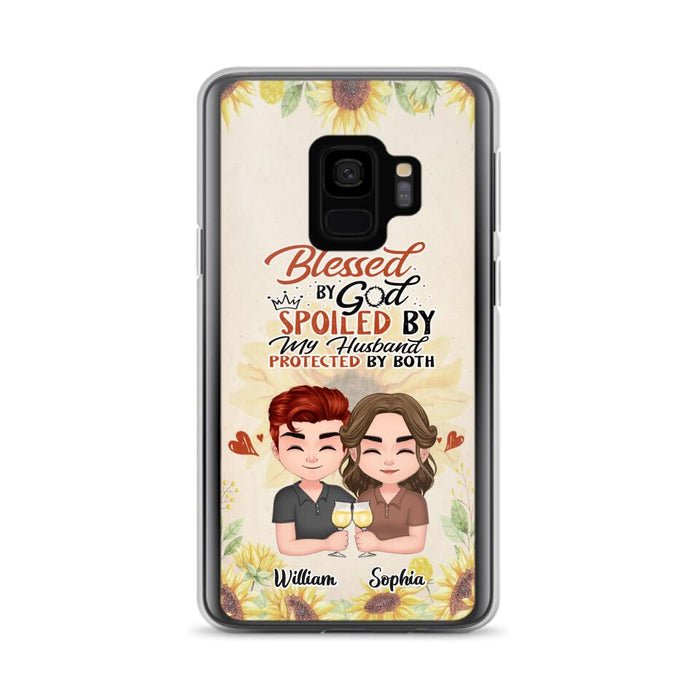 Custom Personalized Chibi Couple Phone Case - Gift Idea For Couple - Blessed By God, Spoiled By My Husband, Protected By Both - Case For iPhone & Samsung