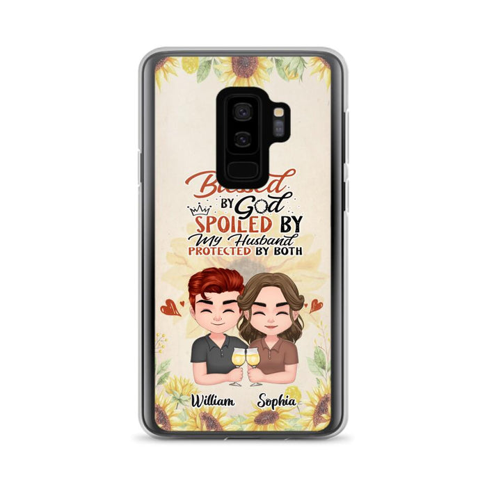 Custom Personalized Chibi Couple Phone Case - Gift Idea For Couple - Blessed By God, Spoiled By My Husband, Protected By Both - Case For iPhone & Samsung