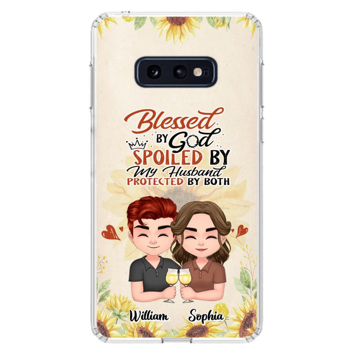 Custom Personalized Chibi Couple Phone Case - Gift Idea For Couple - Blessed By God, Spoiled By My Husband, Protected By Both - Case For iPhone & Samsung