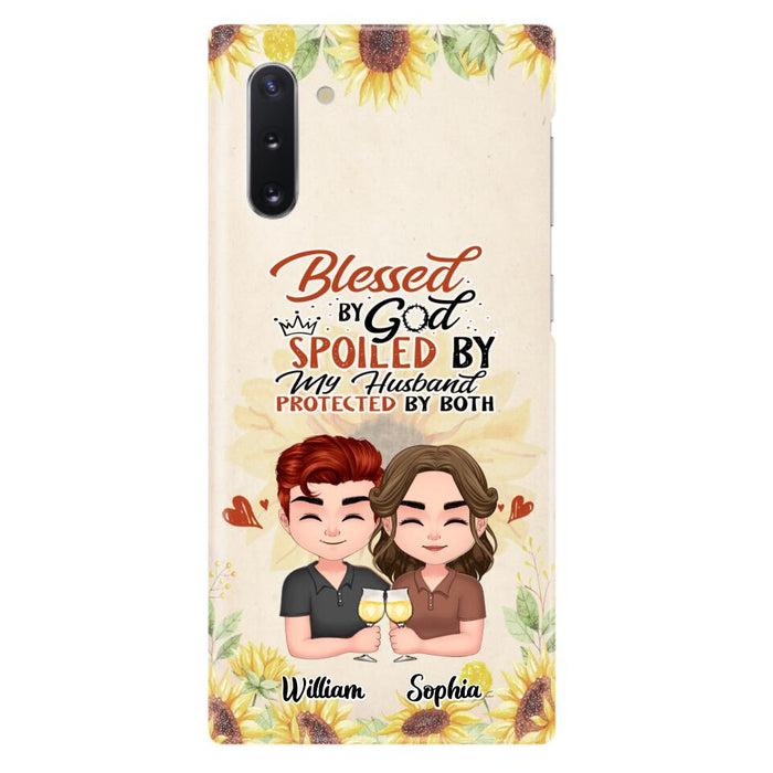 Custom Personalized Chibi Couple Phone Case - Gift Idea For Couple - Blessed By God, Spoiled By My Husband, Protected By Both - Case For iPhone & Samsung