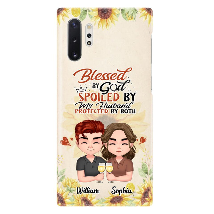 Custom Personalized Chibi Couple Phone Case - Gift Idea For Couple - Blessed By God, Spoiled By My Husband, Protected By Both - Case For iPhone & Samsung