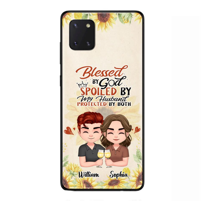 Custom Personalized Chibi Couple Phone Case - Gift Idea For Couple - Blessed By God, Spoiled By My Husband, Protected By Both - Case For iPhone & Samsung