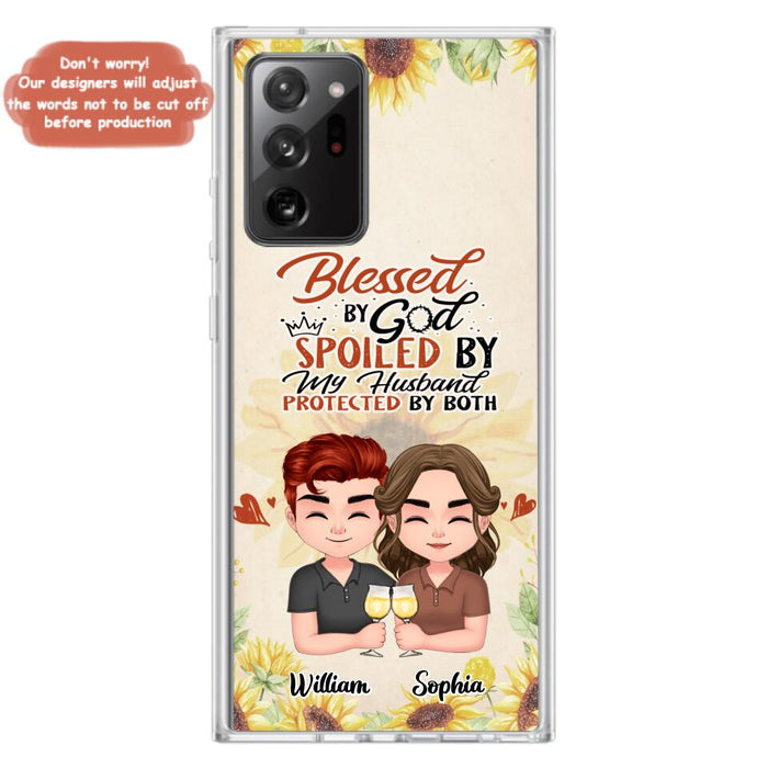 Custom Personalized Chibi Couple Phone Case - Gift Idea For Couple - Blessed By God, Spoiled By My Husband, Protected By Both - Case For iPhone & Samsung