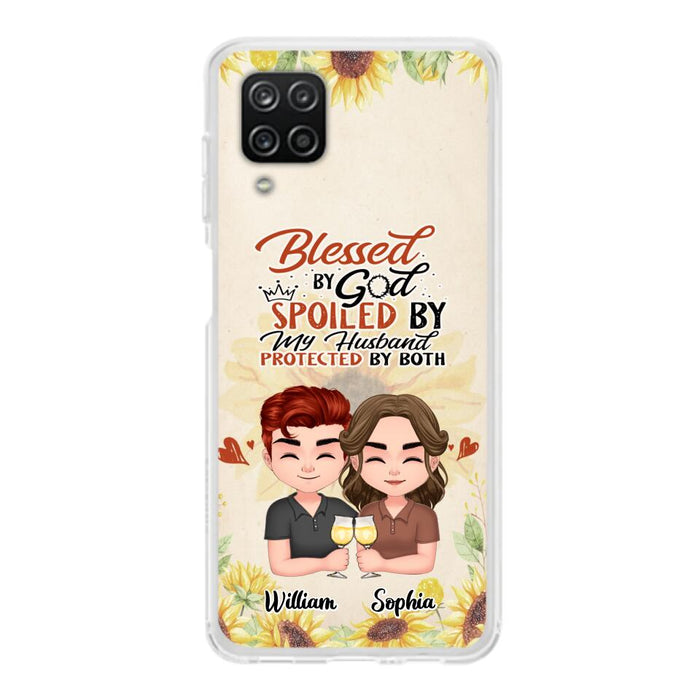 Custom Personalized Chibi Couple Phone Case - Gift Idea For Couple - Blessed By God, Spoiled By My Husband, Protected By Both - Case For iPhone & Samsung