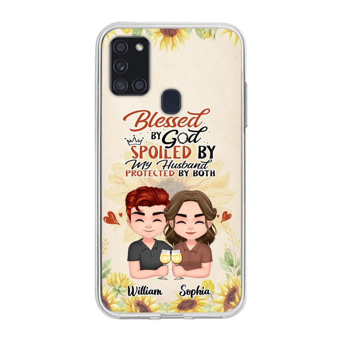 Custom Personalized Chibi Couple Phone Case - Gift Idea For Couple - Blessed By God, Spoiled By My Husband, Protected By Both - Case For iPhone & Samsung