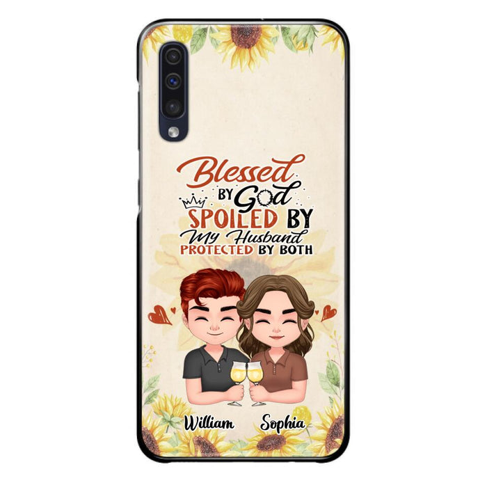 Custom Personalized Chibi Couple Phone Case - Gift Idea For Couple - Blessed By God, Spoiled By My Husband, Protected By Both - Case For iPhone & Samsung